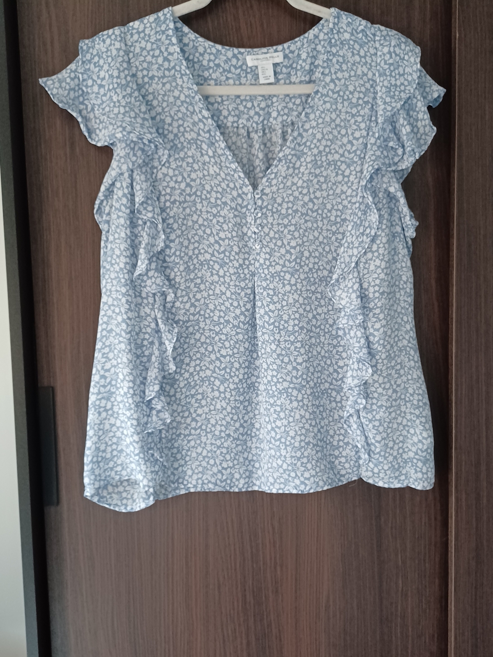 Very Nice Carolina Belle Light Blue Floral Ruffle V-Neck Blouse